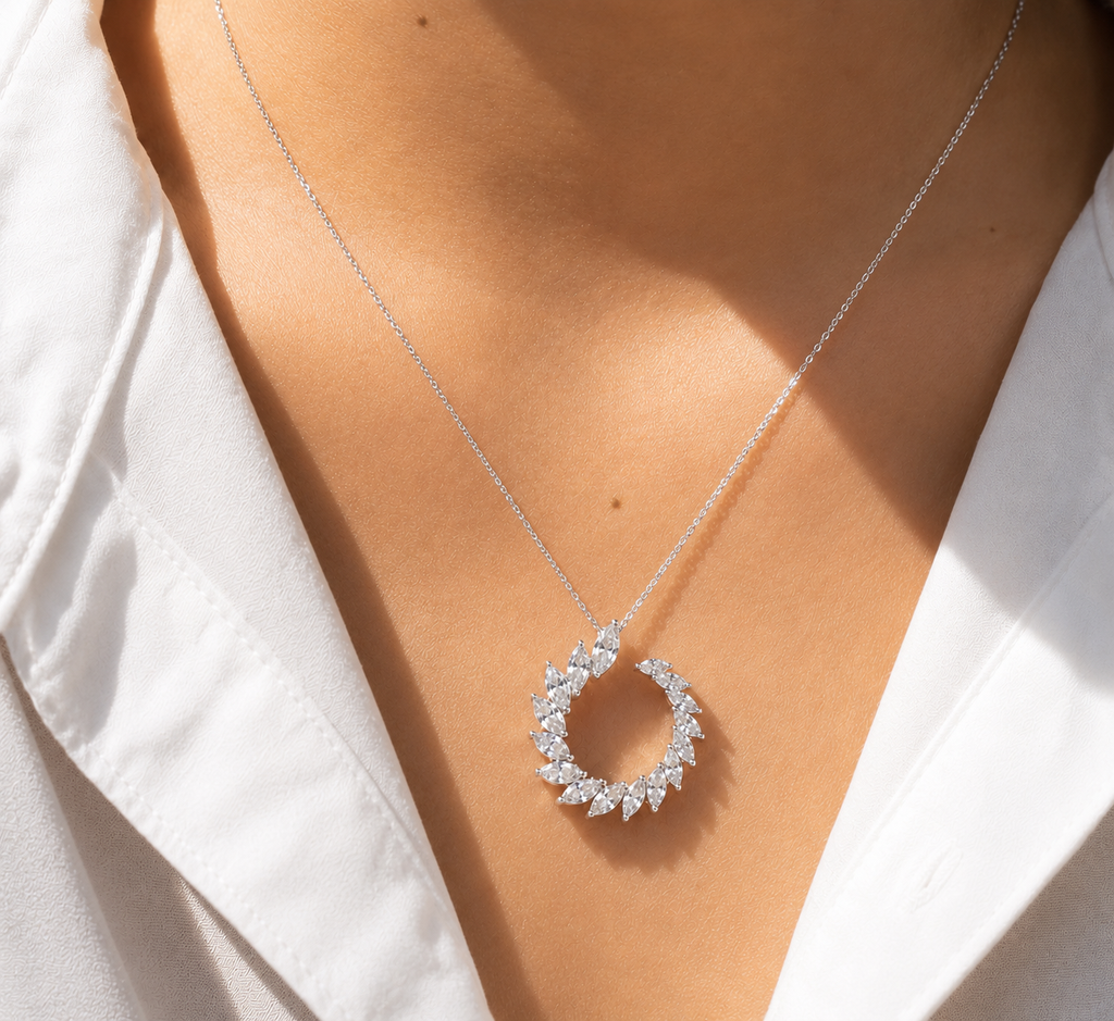 Open Circle Marquise Sterling Silver Pendant Necklace