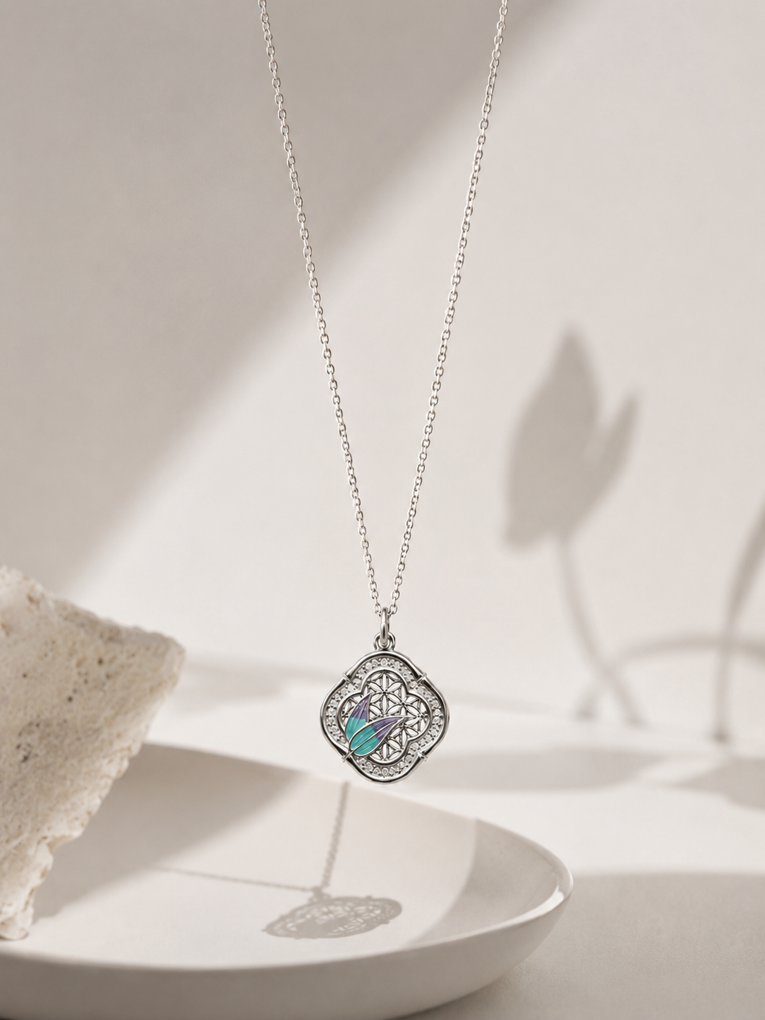 Filigree Enamel Sterling Silver Pendant Necklace