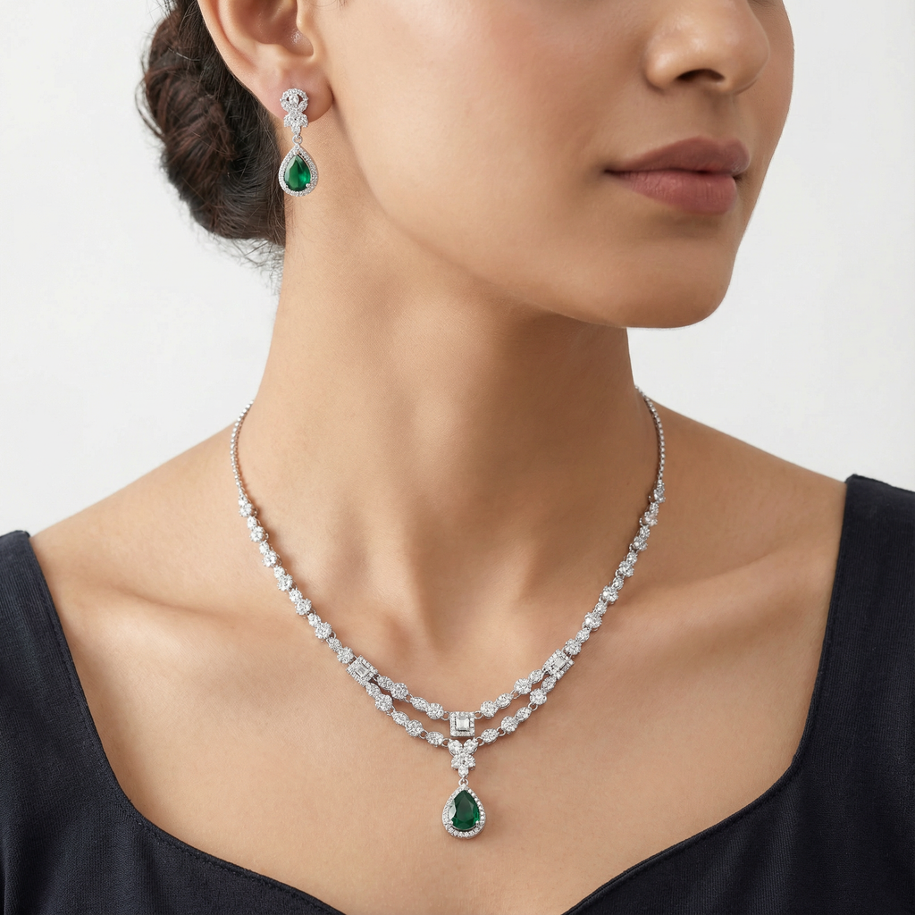 Green Teardrop Sterling Silver Necklace Set
