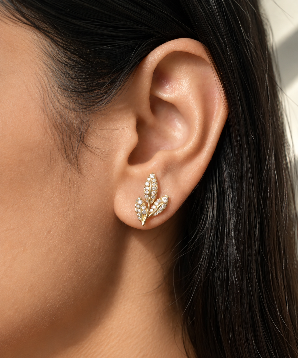 Pavé Olive Leaf Sterling Silver Stud Earrings