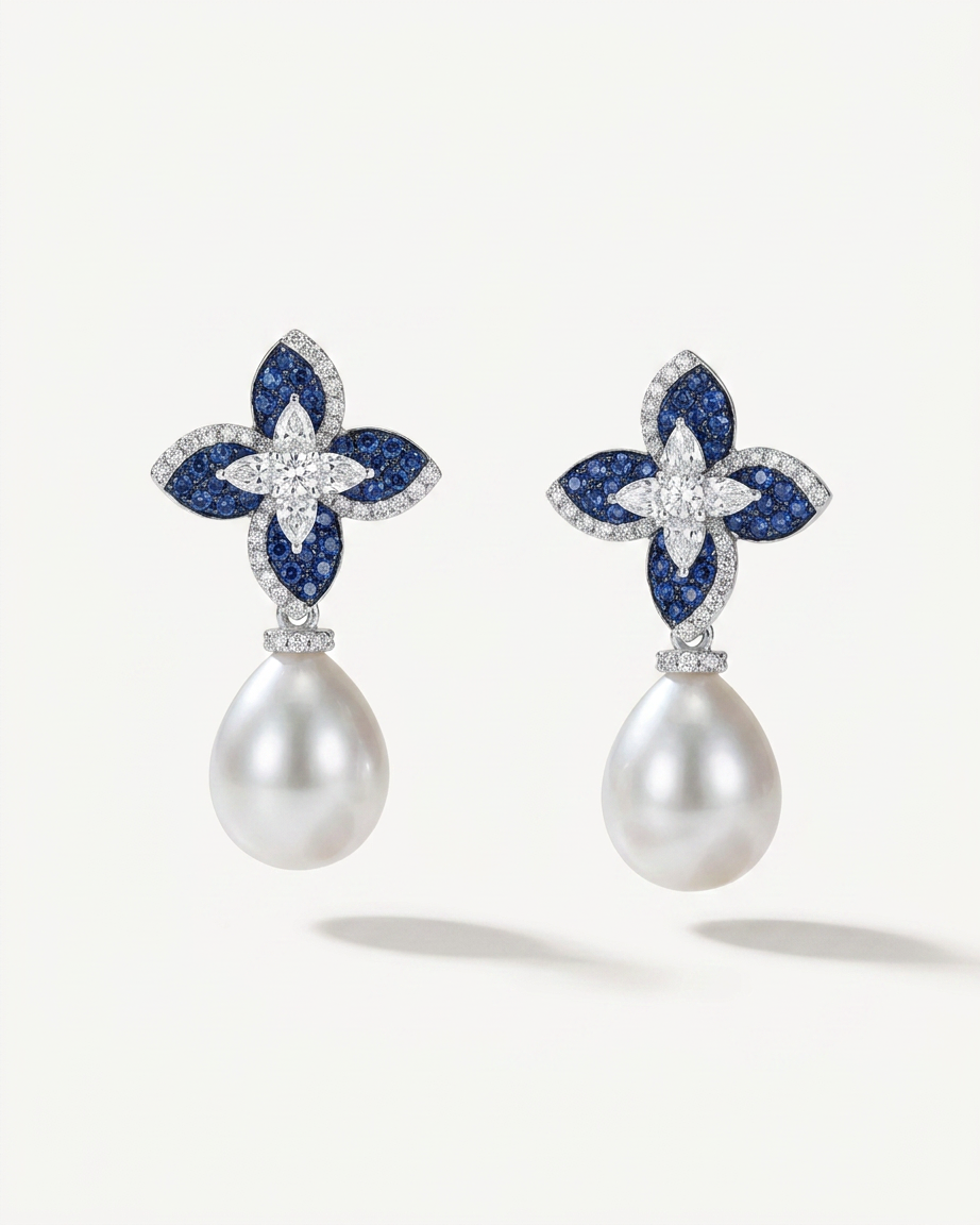 Camellia Pearl Drop Sterling Silver Earrings