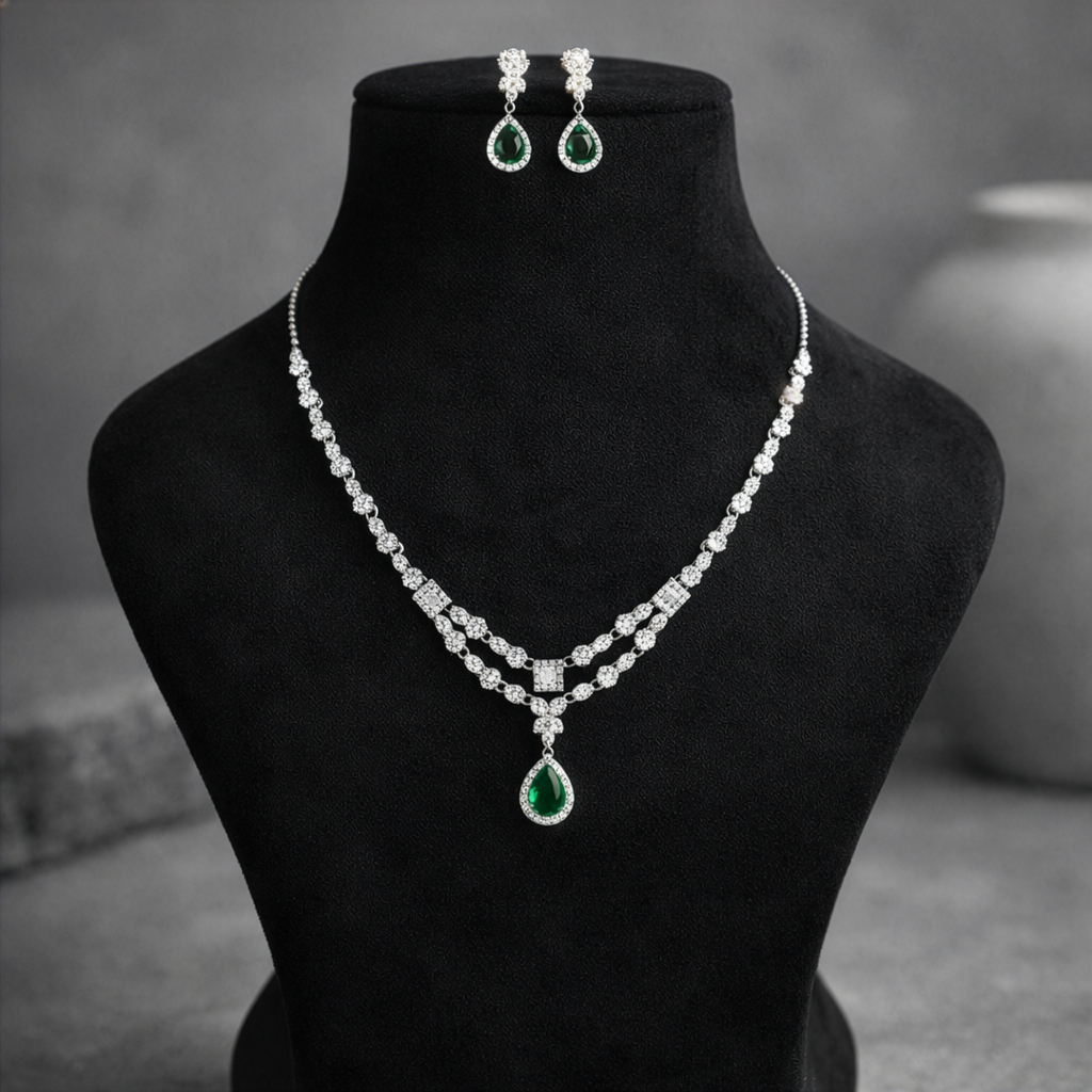 Green Teardrop Sterling Silver Necklace Set