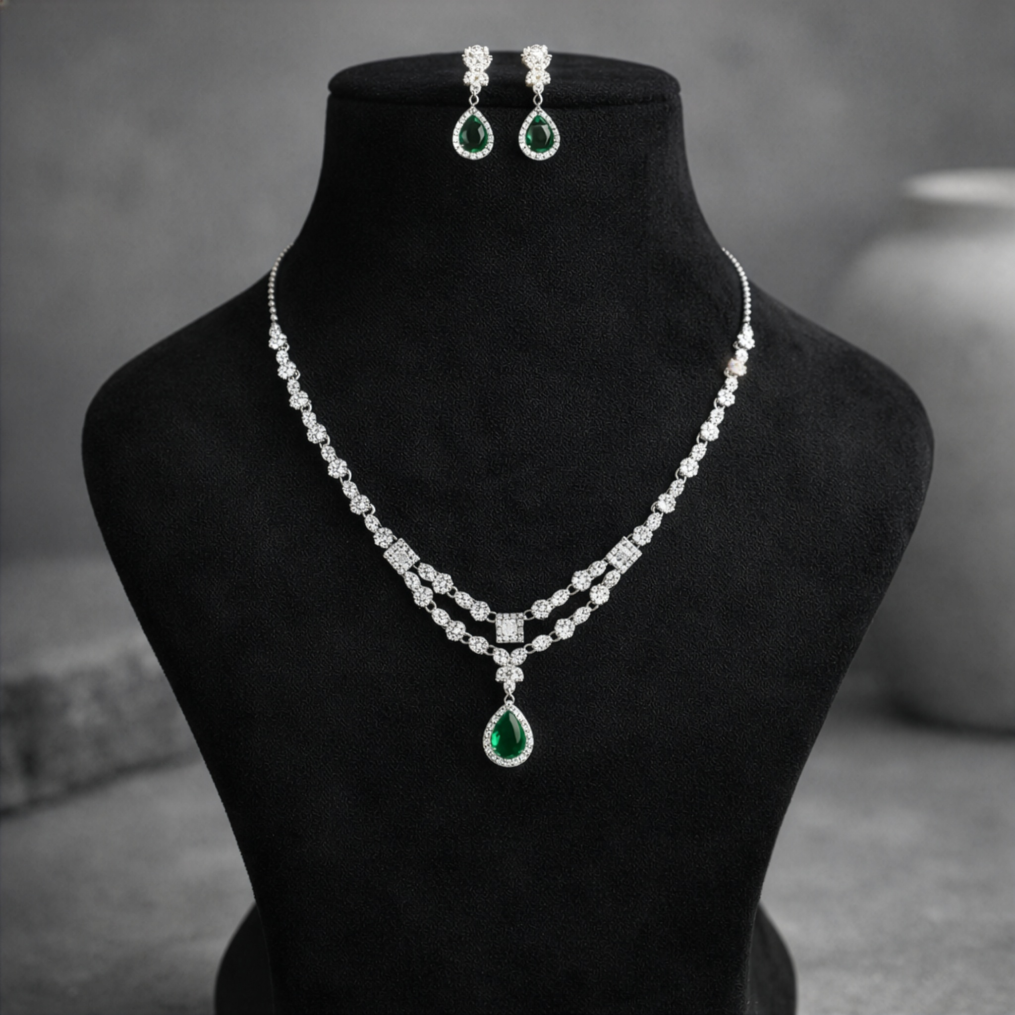 Green Teardrop Sterling Silver Necklace Set